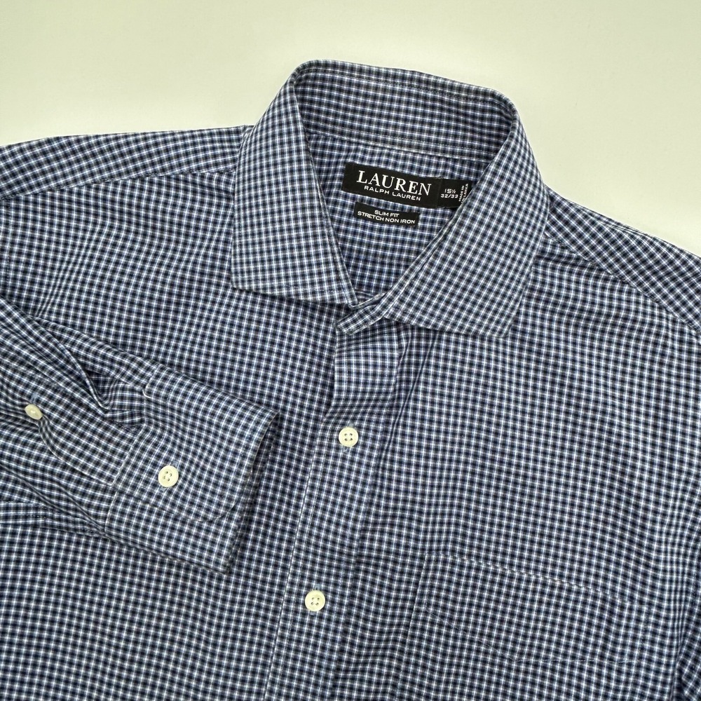 Ralph Lauren Black Label Dress Shirt Blue Plaid 15-1/2 32/33 Slim Fit Stretch